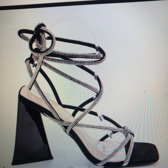 New rhinestone chunky heel strappy sandals lace up - Picture 3 of 6